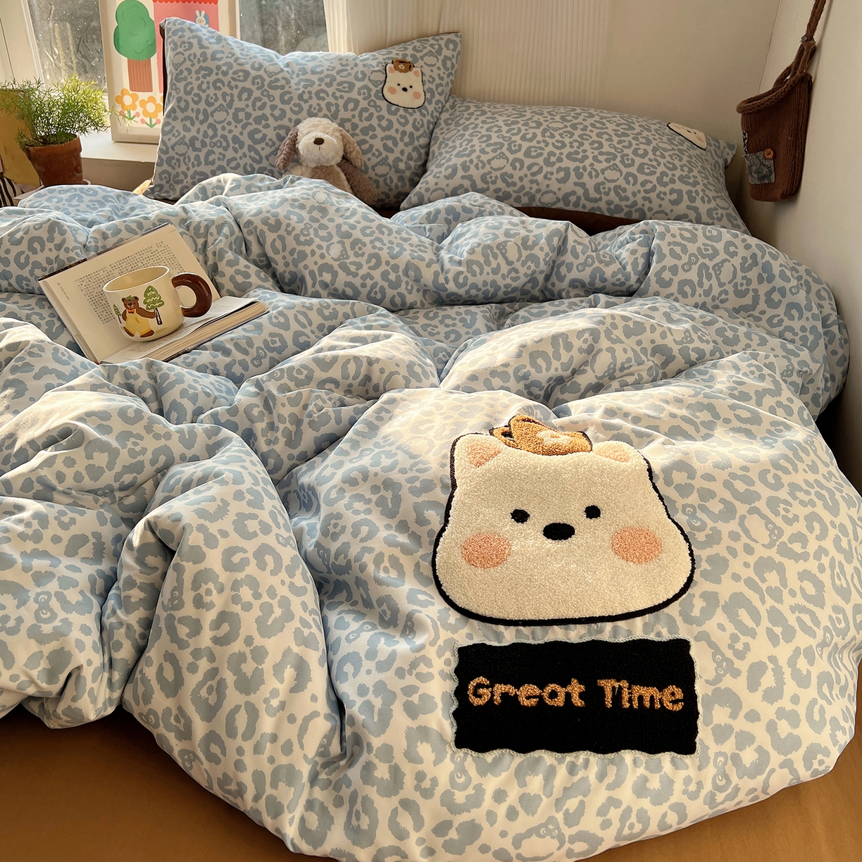 91家纺网 家纺一手货源 找家纺 沐芷 2026 【提供买家秀】水洗棉四件套毛巾绣A类仿棉床上用品床单被套三件套可爱小清新 毛巾绣-豹纹咖啡