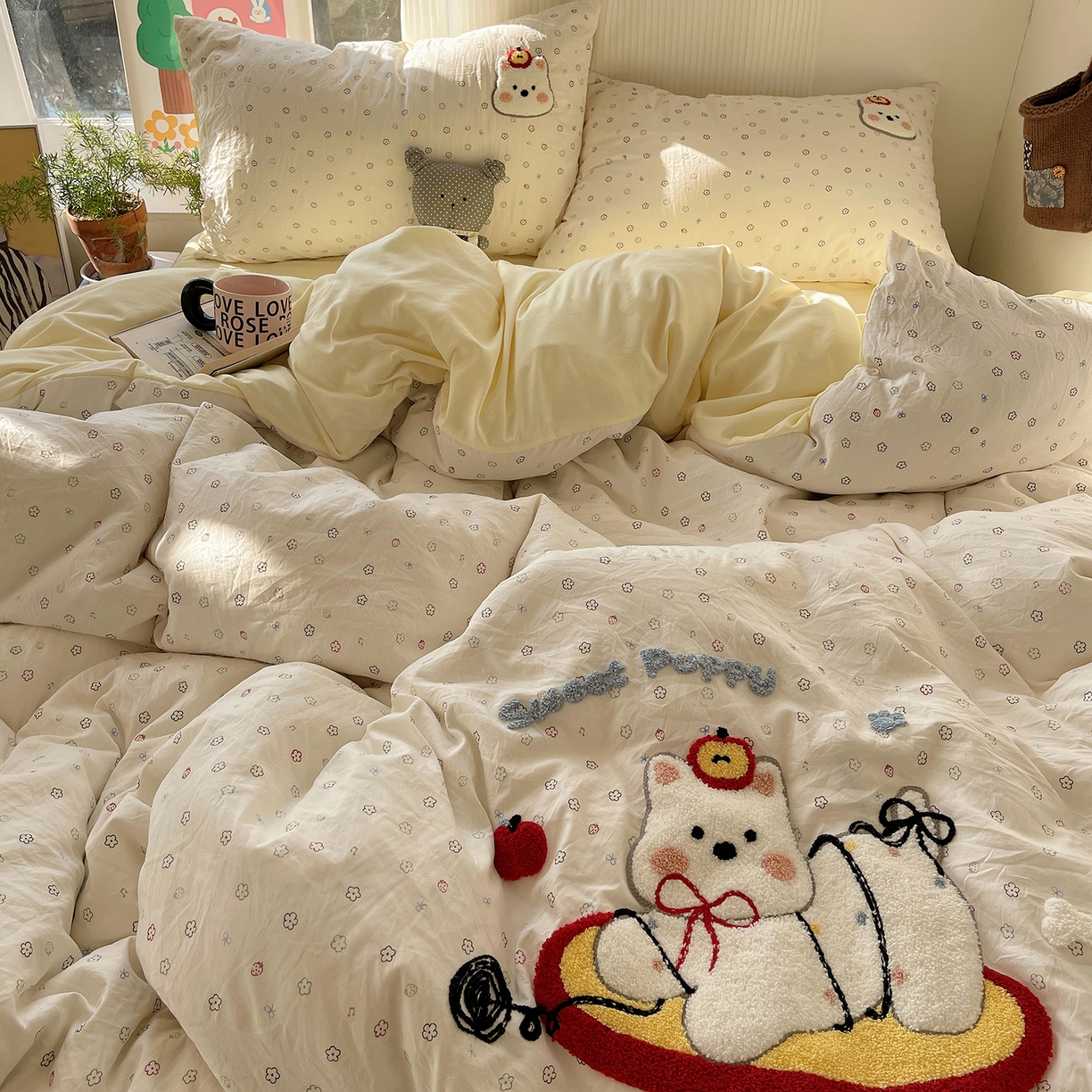 91家纺网 家纺一手货源 找家纺 沐芷 2026 【提供买家秀】水洗棉四件套毛巾绣A类仿棉床上用品床单被套三件套可爱小清新 毛巾绣-线球大作战