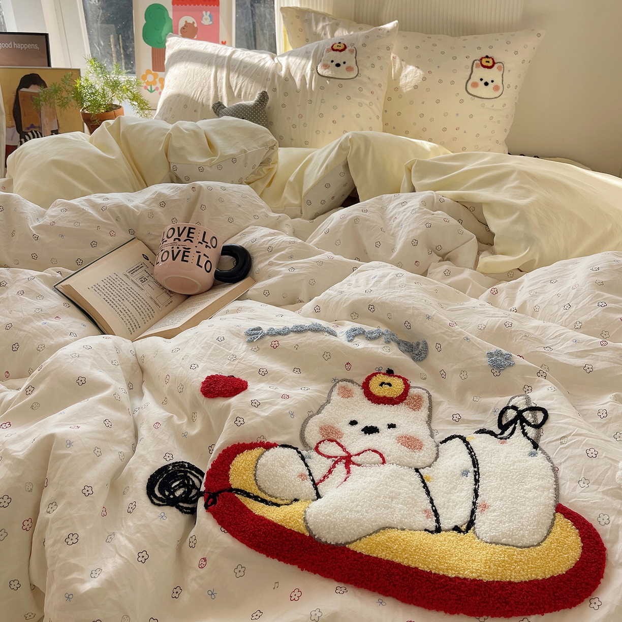 91家纺网 家纺一手货源 找家纺 沐芷 2026 【提供买家秀】水洗棉四件套毛巾绣A类仿棉床上用品床单被套三件套可爱小清新 毛巾绣-线球大作战