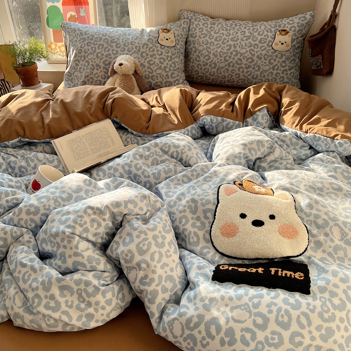 91家纺网 家纺一手货源 找家纺 沐芷 2026 【提供买家秀】水洗棉四件套毛巾绣A类仿棉床上用品床单被套三件套可爱小清新 毛巾绣-豹纹咖啡