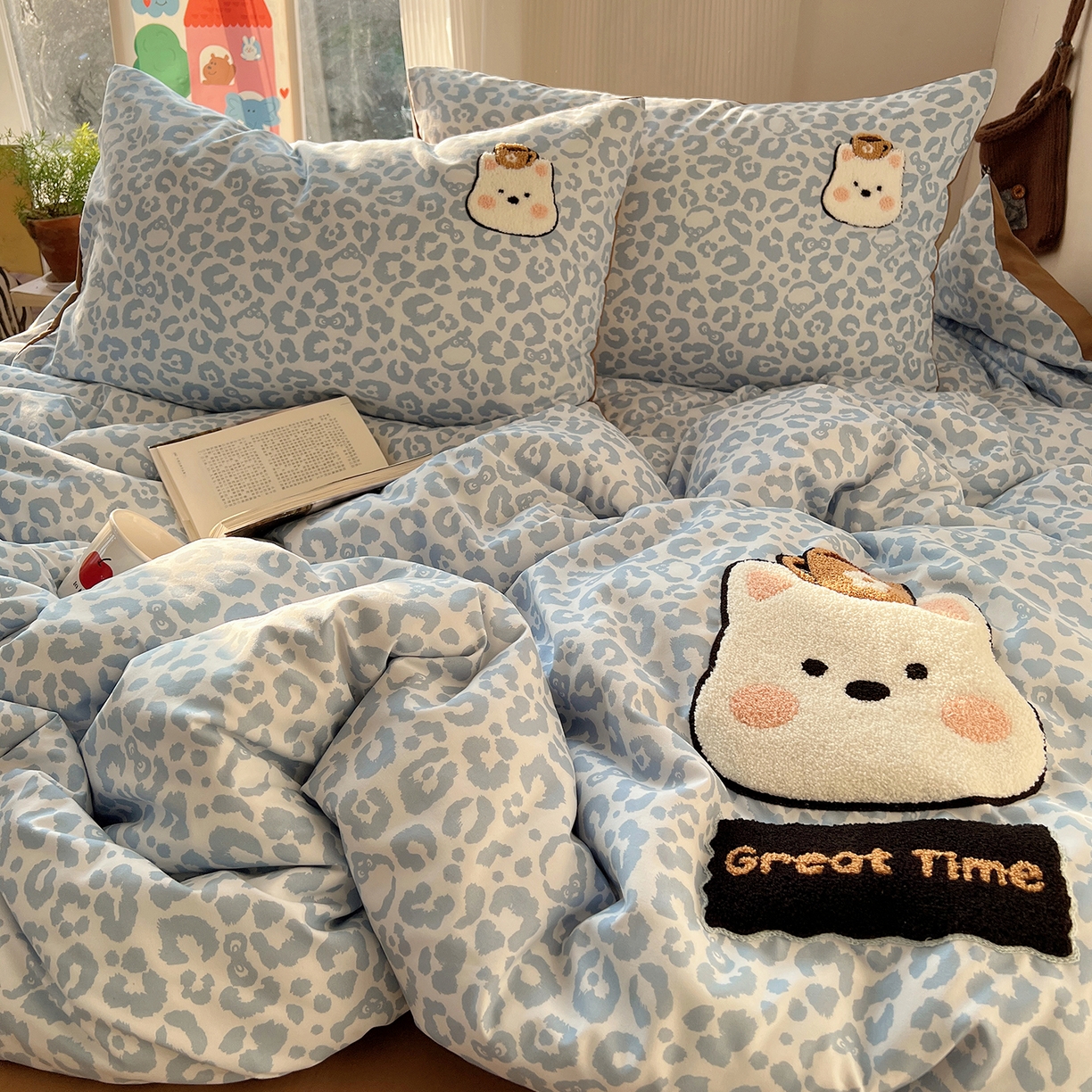 91家纺网 家纺一手货源 找家纺 沐芷 2026 【提供买家秀】水洗棉四件套毛巾绣A类仿棉床上用品床单被套三件套可爱小清新 毛巾绣-豹纹咖啡