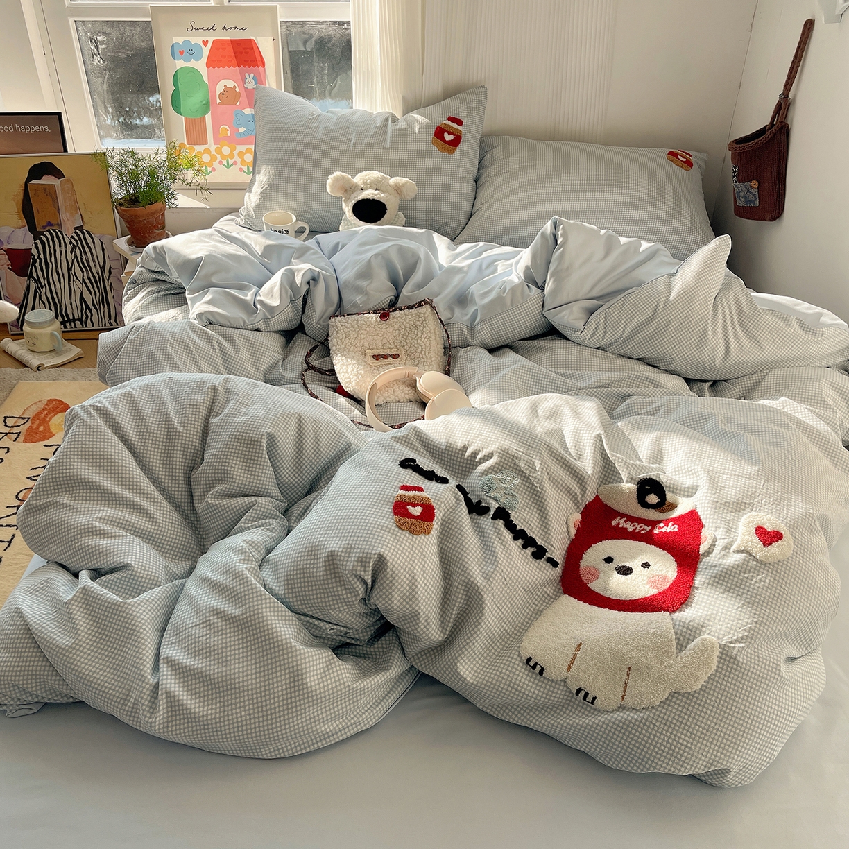 91家纺网 家纺一手货源 找家纺 沐芷 2026 【提供买家秀】水洗棉四件套毛巾绣A类仿棉床上用品床单被套三件套可爱小清新 毛巾绣-迷你可乐