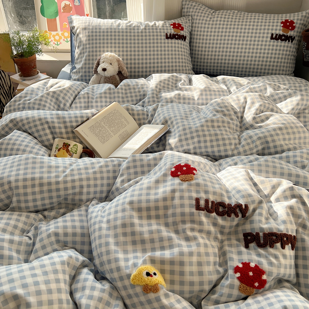 91家纺网 家纺一手货源 找家纺 沐芷 2026 【提供买家秀】水洗棉四件套毛巾绣A类仿棉床上用品床单被套三件套可爱小清新 毛巾绣-蘑菇园