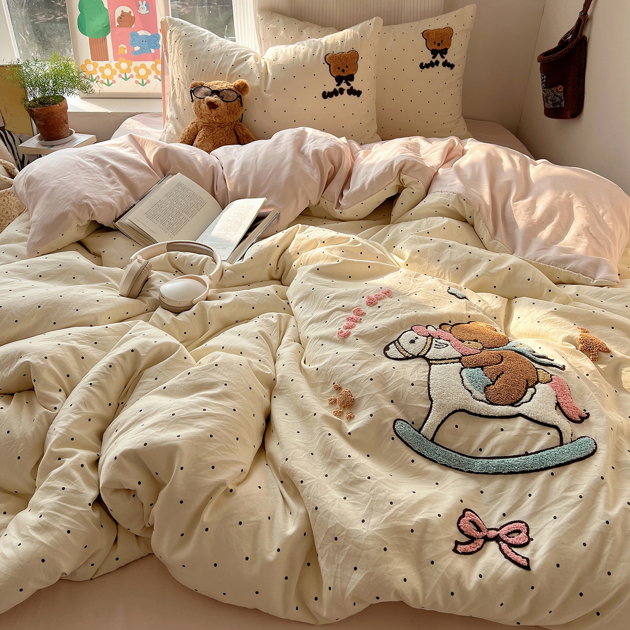 91家纺网 家纺一手货源 找家纺 沐芷 2026 【提供买家秀】水洗棉四件套毛巾绣A类仿棉床上用品床单被套三件套可爱小清新 毛巾绣-木马小熊