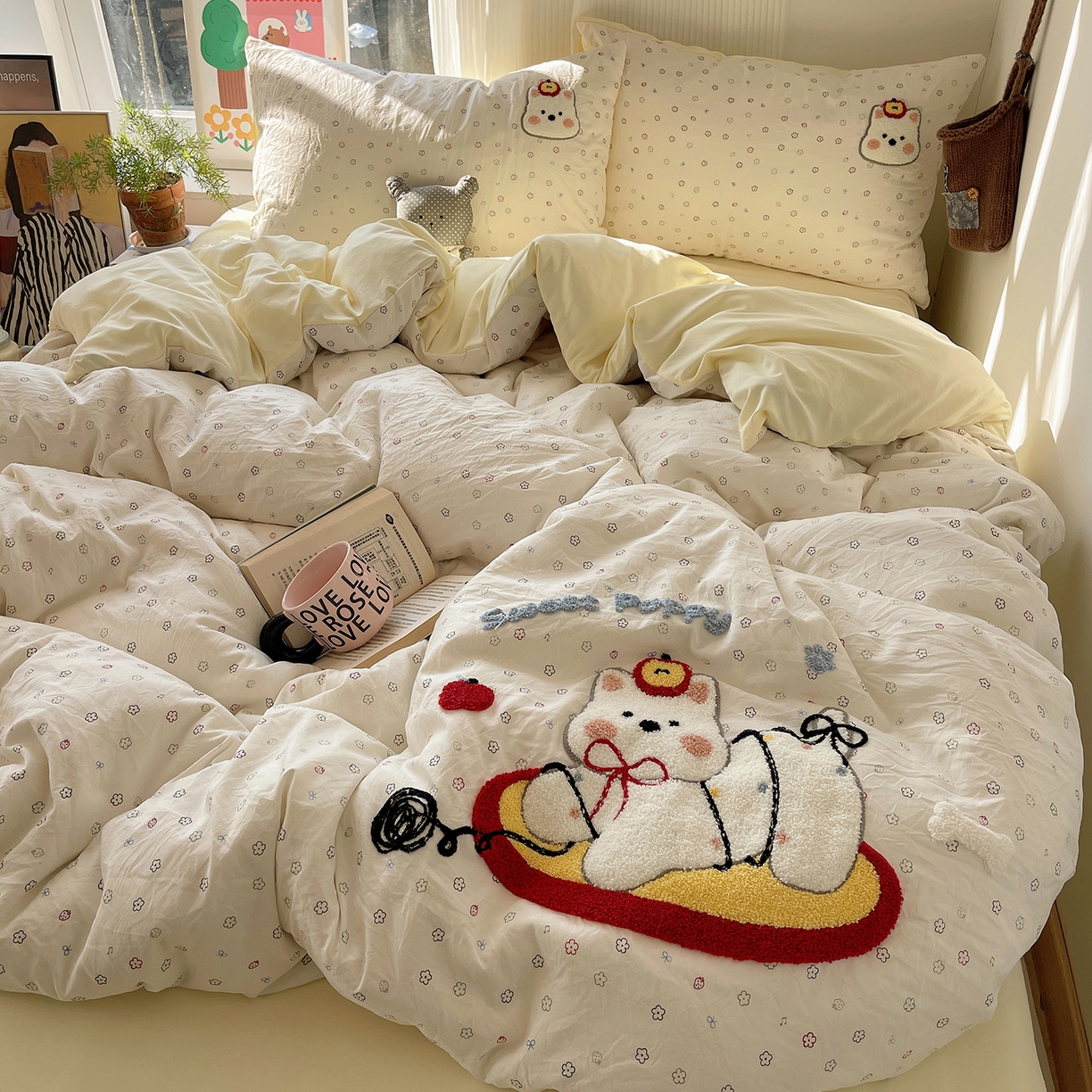 91家纺网 家纺一手货源 找家纺 沐芷 2026 【提供买家秀】水洗棉四件套毛巾绣A类仿棉床上用品床单被套三件套可爱小清新 毛巾绣-线球大作战