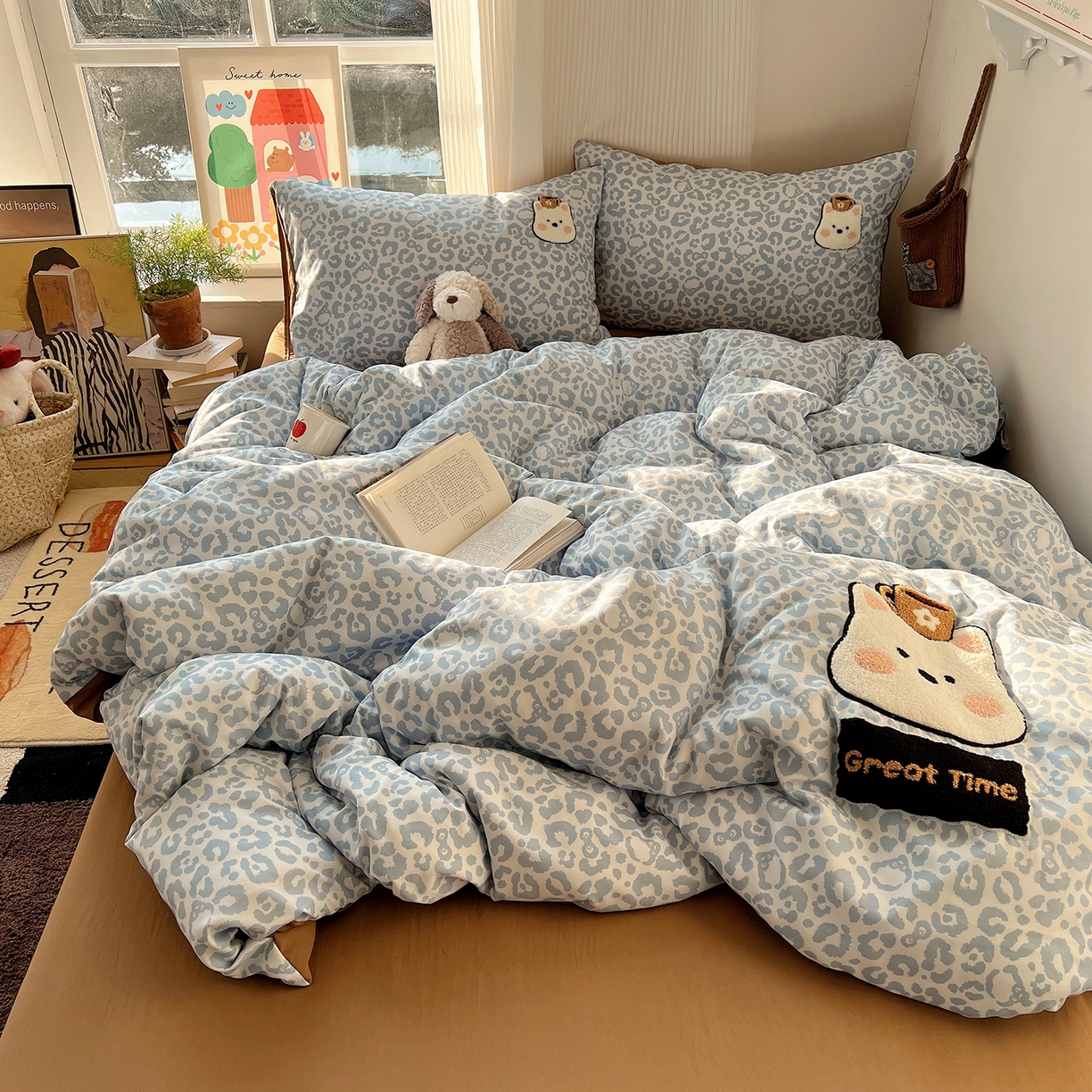 91家纺网 家纺一手货源 找家纺 沐芷 2026 【提供买家秀】水洗棉四件套毛巾绣A类仿棉床上用品床单被套三件套可爱小清新 毛巾绣-豹纹咖啡