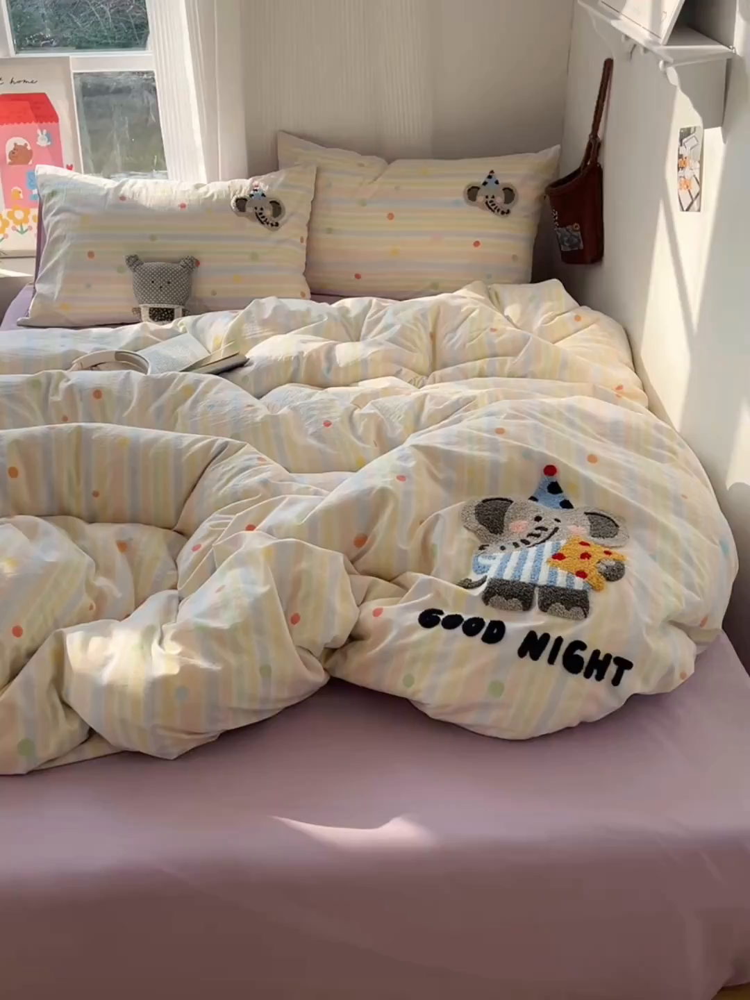 91家纺网 家纺一手货源 找家纺 沐芷 2026 【提供买家秀】水洗棉四件套毛巾绣A类仿棉床上用品床单被套三件套可爱小清新 毛巾绣-晚安小象