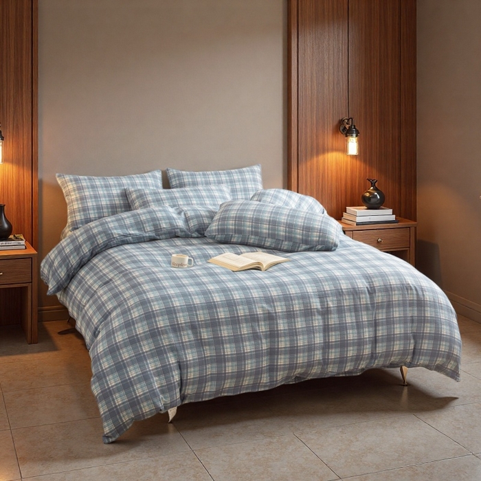 91家纺网 家纺一手货源 找家纺 友承家纺 2026最新款双层纱水洗棉被套单件150x200x230被罩学生宿舍三件套四件套床上用品a类母婴 蓝小格