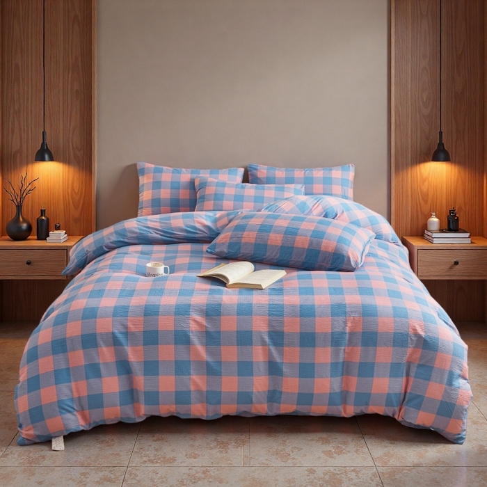 91家纺网 家纺一手货源 找家纺 友承家纺 2026最新款双层纱水洗棉被套单件150x200x230被罩学生宿舍三件套四件套床上用品a类母婴 蓝彩格