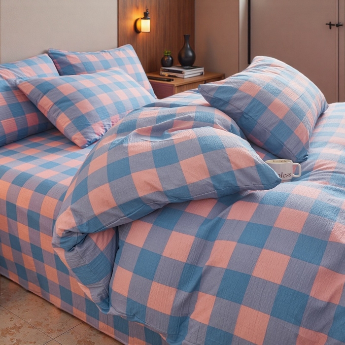 91家纺网 家纺一手货源 找家纺 友承家纺 2026最新款双层纱水洗棉被套单件150x200x230被罩学生宿舍三件套四件套床上用品a类母婴 蓝彩格