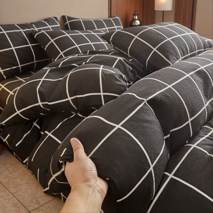 友承家纺 2026最新款双层纱水洗棉被套单件150x200x230被罩学生宿舍三件套四件套床上用品a类母婴 黑白格