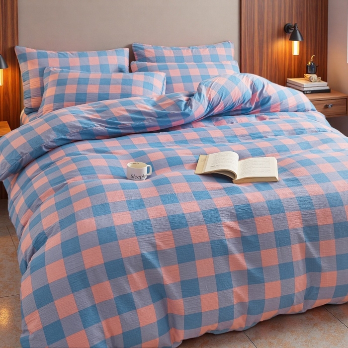 91家纺网 家纺一手货源 找家纺 友承家纺 2026最新款双层纱水洗棉被套单件150x200x230被罩学生宿舍三件套四件套床上用品a类母婴 蓝彩格