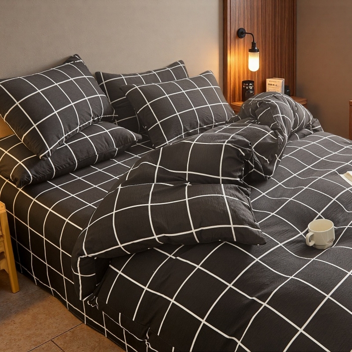 91家纺网 家纺一手货源 找家纺 友承家纺 2026最新款双层纱水洗棉被套单件150x200x230被罩学生宿舍三件套四件套床上用品a类母婴 黑白格