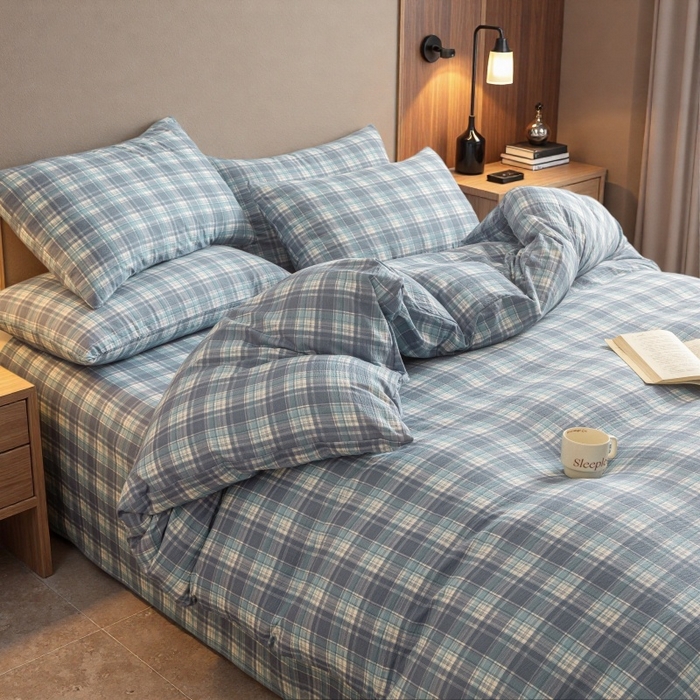 91家纺网 家纺一手货源 找家纺 友承家纺 2026最新款双层纱水洗棉被套单件150x200x230被罩学生宿舍三件套四件套床上用品a类母婴 蓝小格