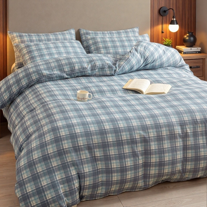 91家纺网 家纺一手货源 找家纺 友承家纺 2026最新款双层纱水洗棉被套单件150x200x230被罩学生宿舍三件套四件套床上用品a类母婴 蓝小格