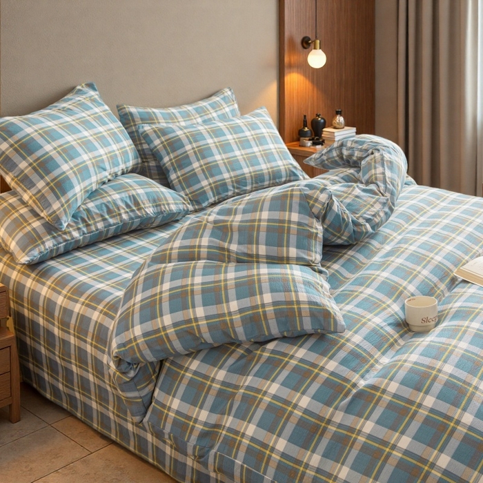 91家纺网 家纺一手货源 找家纺 友承家纺 2026最新款双层纱水洗棉被套单件150x200x230被罩学生宿舍三件套四件套床上用品a类母婴 无印蓝