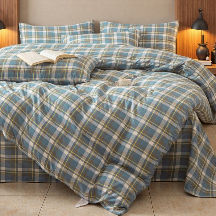 91家纺网 家纺一手货源 找家纺 友承家纺 2026最新款双层纱水洗棉被套单件150x200x230被罩学生宿舍三件套四件套床上用品a类母婴 无印蓝