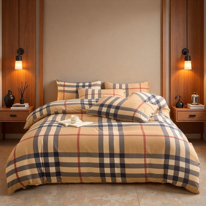 91家纺网 家纺一手货源 找家纺 友承家纺 2026最新款水洗棉无印风双层纱木棉四件套被套床单卧室床上用品学生宿舍被罩三件套床单枕套 宝利小格