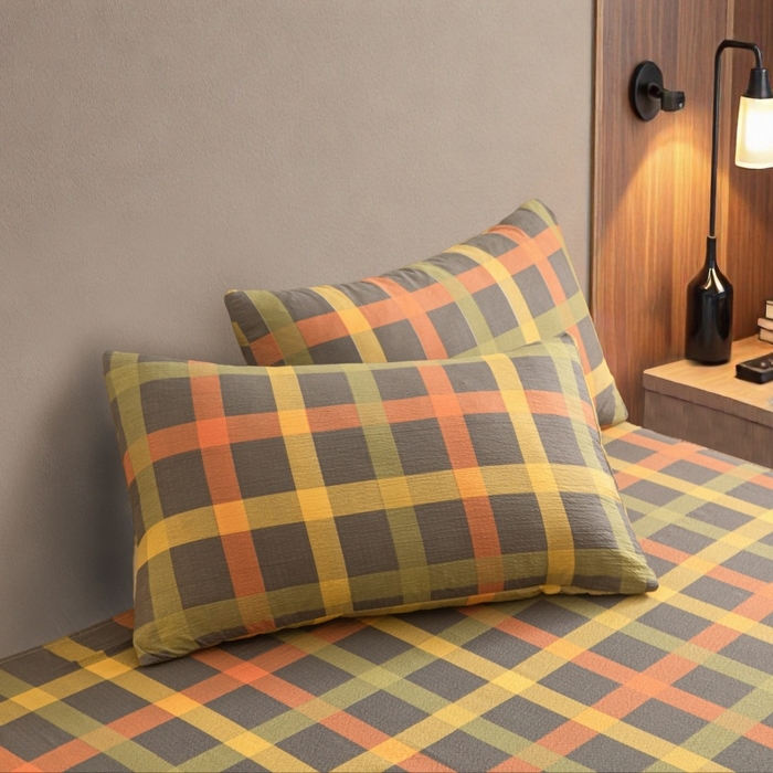 91家纺网 家纺一手货源 找家纺 友承家纺 2026最新款水洗棉无印风双层纱木棉四件套被套床单卧室床上用品学生宿舍被罩三件套床单枕套 炫彩格