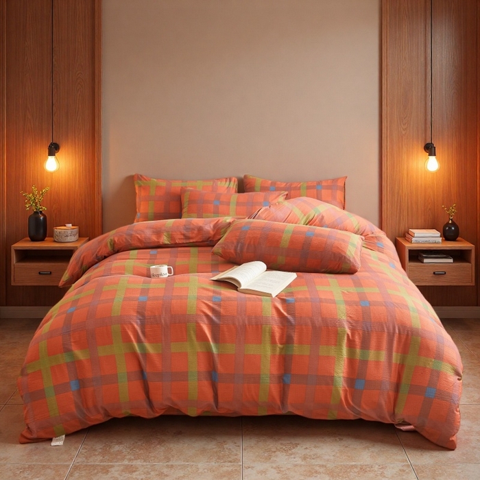 91家纺网 家纺一手货源 找家纺 友承家纺 2026最新款水洗棉无印风双层纱木棉四件套被套床单卧室床上用品学生宿舍被罩三件套床单枕套 炫彩粉