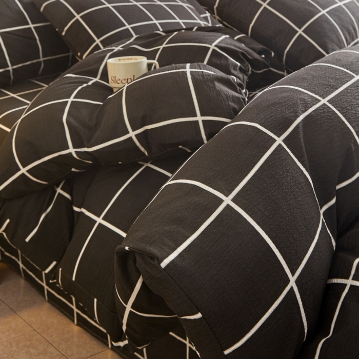 91家纺网 家纺一手货源 找家纺 友承家纺 2026最新款水洗棉无印风双层纱木棉四件套被套床单卧室床上用品学生宿舍被罩三件套床单枕套 黑白格