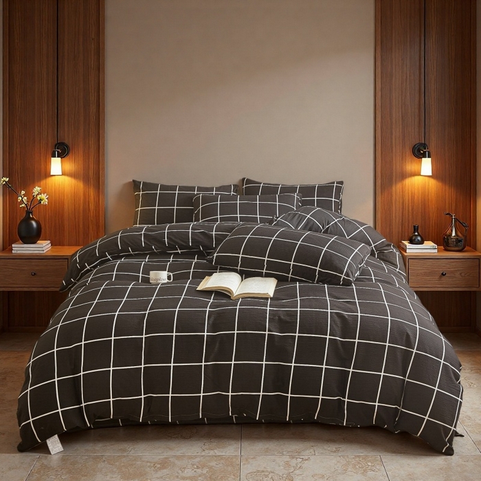 91家纺网 家纺一手货源 找家纺 友承家纺 2026最新款水洗棉无印风双层纱木棉四件套被套床单卧室床上用品学生宿舍被罩三件套床单枕套 黑白格