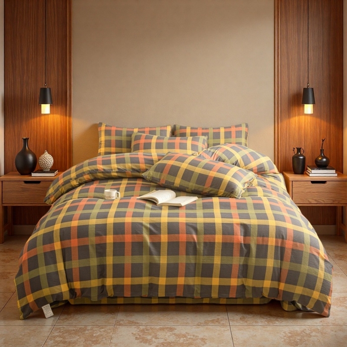 91家纺网 家纺一手货源 找家纺 友承家纺 2026最新款水洗棉无印风双层纱木棉四件套被套床单卧室床上用品学生宿舍被罩三件套床单枕套 炫彩格