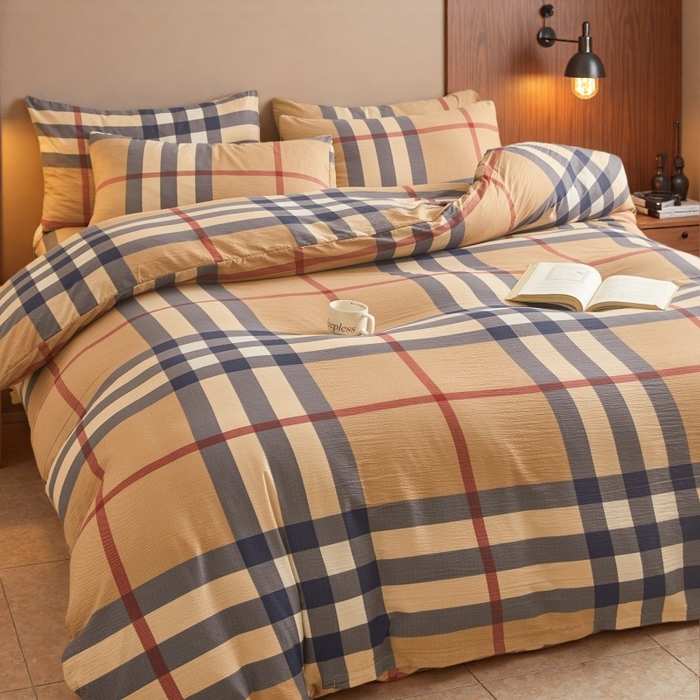 91家纺网 家纺一手货源 找家纺 友承家纺 2026最新款水洗棉无印风双层纱木棉四件套被套床单卧室床上用品学生宿舍被罩三件套床单枕套 宝利小格