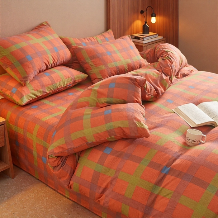 91家纺网 家纺一手货源 找家纺 友承家纺 2026最新款水洗棉无印风双层纱木棉四件套被套床单卧室床上用品学生宿舍被罩三件套床单枕套 炫彩粉