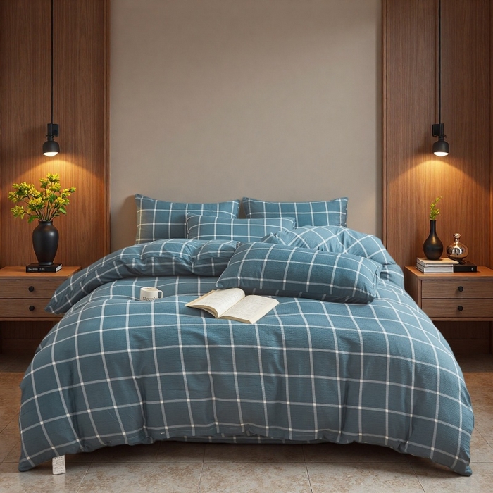 91家纺网 家纺一手货源 找家纺 友承家纺 2026最新款水洗棉无印风双层纱木棉四件套被套床单卧室床上用品学生宿舍被罩三件套床单枕套 米莱灰