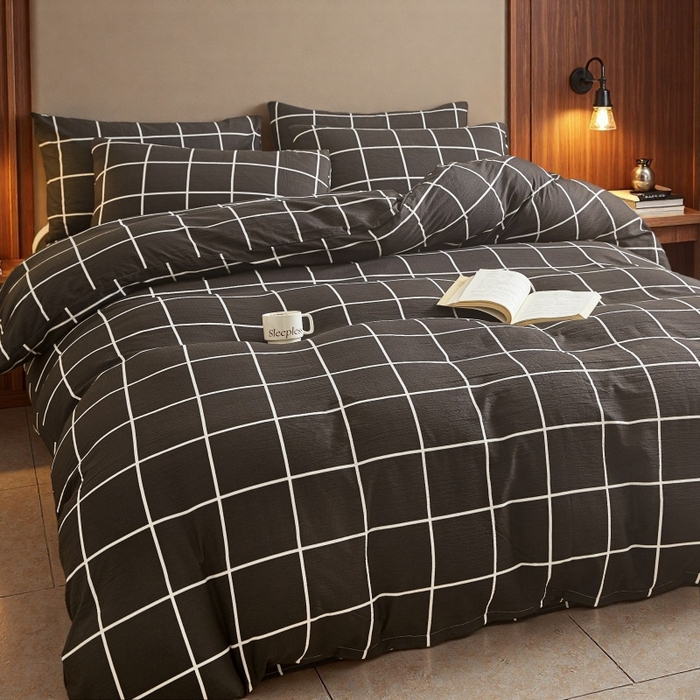 91家纺网 家纺一手货源 找家纺 友承家纺 2026最新款水洗棉无印风双层纱木棉四件套被套床单卧室床上用品学生宿舍被罩三件套床单枕套 黑白格