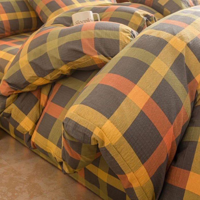 91家纺网 家纺一手货源 找家纺 友承家纺 2026最新款水洗棉无印风双层纱木棉四件套被套床单卧室床上用品学生宿舍被罩三件套床单枕套 炫彩格