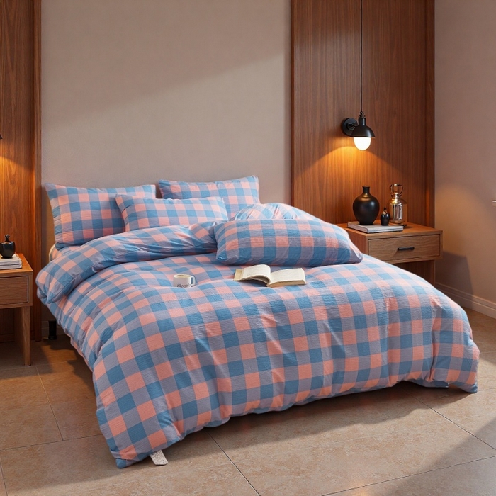 91家纺网 家纺一手货源 找家纺 友承家纺 2026最新款水洗棉无印风双层纱木棉四件套被套床单卧室床上用品学生宿舍被罩三件套床单枕套 蓝彩格