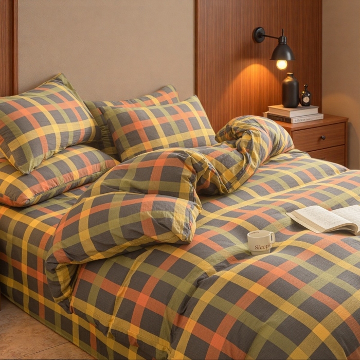 91家纺网 家纺一手货源 找家纺 友承家纺 2026最新款水洗棉无印风双层纱木棉四件套被套床单卧室床上用品学生宿舍被罩三件套床单枕套 炫彩格