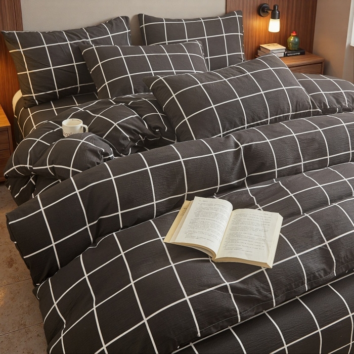 91家纺网 家纺一手货源 找家纺 友承家纺 2026最新款水洗棉无印风双层纱木棉四件套被套床单卧室床上用品学生宿舍被罩三件套床单枕套 黑白格