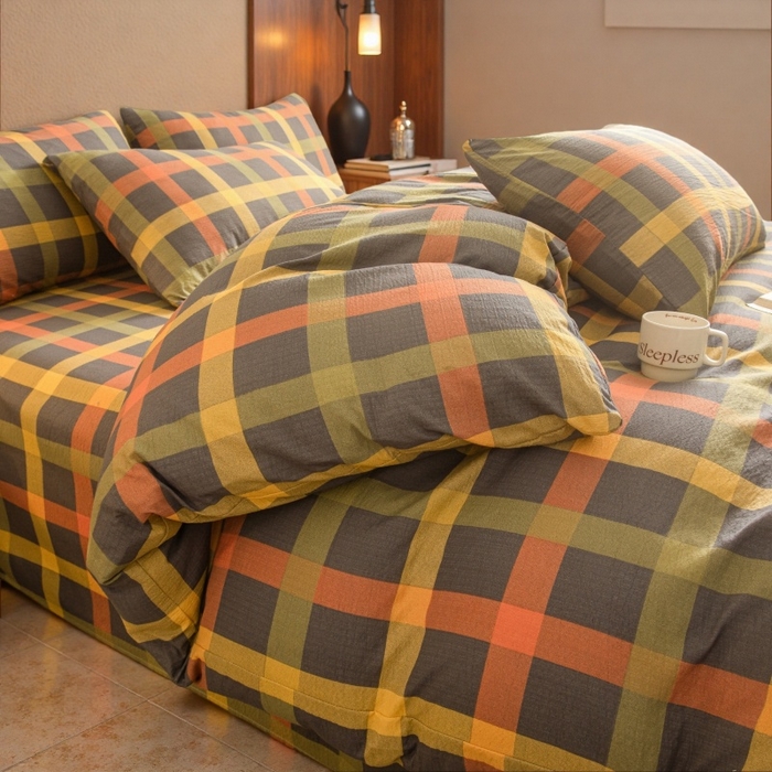 91家纺网 家纺一手货源 找家纺 友承家纺 2026最新款水洗棉无印风双层纱木棉四件套被套床单卧室床上用品学生宿舍被罩三件套床单枕套 炫彩格