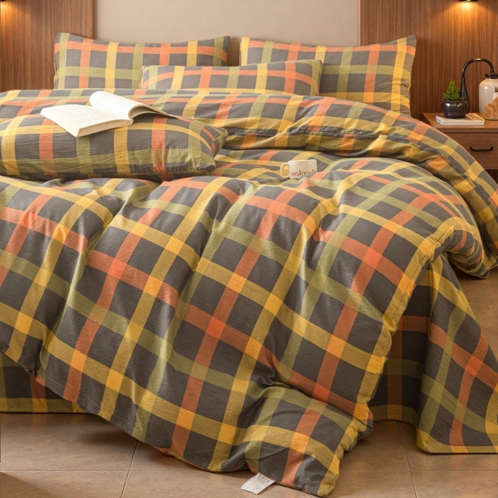 91家纺网 家纺一手货源 找家纺 友承家纺 2026最新款水洗棉无印风双层纱木棉四件套被套床单卧室床上用品学生宿舍被罩三件套床单枕套 炫彩格