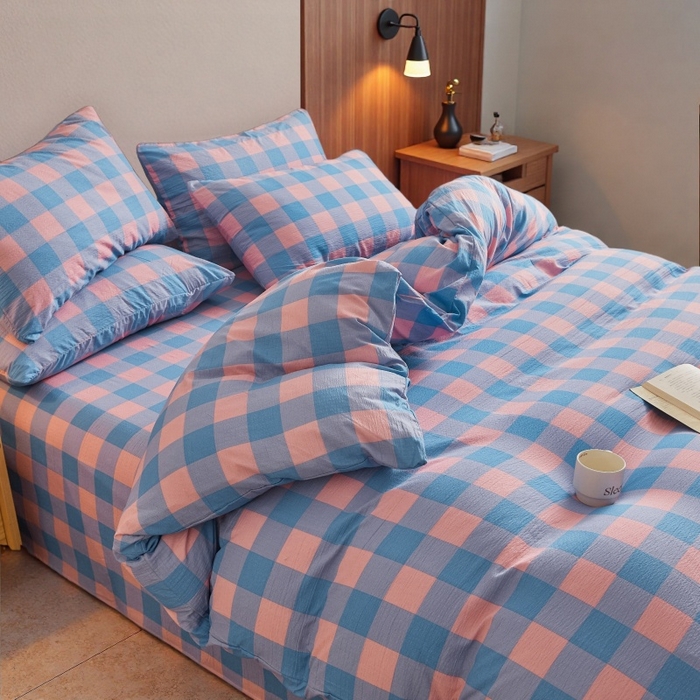 91家纺网 家纺一手货源 找家纺 友承家纺 2026最新款水洗棉无印风双层纱木棉四件套被套床单卧室床上用品学生宿舍被罩三件套床单枕套 蓝彩格