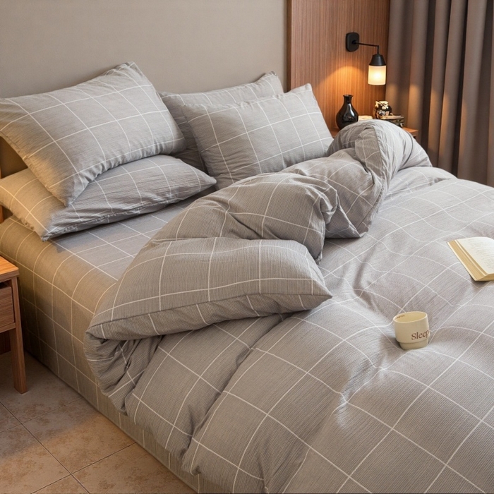 91家纺网 家纺一手货源 找家纺 友承家纺 2026最新款水洗棉无印风双层纱木棉四件套被套床单卧室床上用品学生宿舍被罩三件套床单枕套 混搭灰