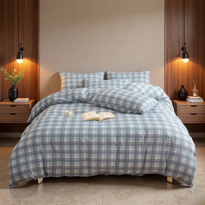 91家纺网 家纺一手货源 找家纺 友承家纺 2026最新款水洗棉无印风双层纱木棉四件套被套床单卧室床上用品学生宿舍被罩三件套床单枕套 蓝小格