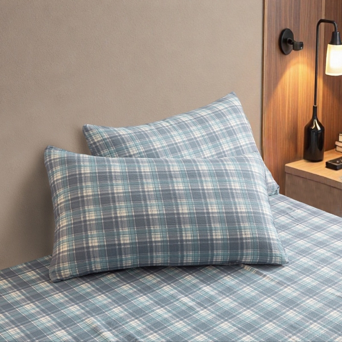 91家纺网 家纺一手货源 找家纺 友承家纺 2026最新款水洗棉无印风双层纱木棉四件套被套床单卧室床上用品学生宿舍被罩三件套床单枕套 蓝小格