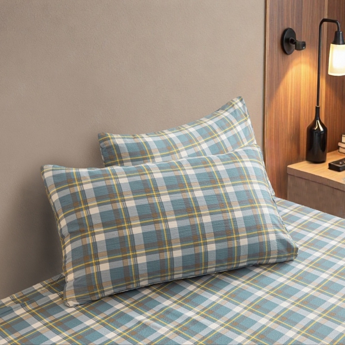 91家纺网 家纺一手货源 找家纺 友承家纺 2026最新款水洗棉无印风双层纱木棉四件套被套床单卧室床上用品学生宿舍被罩三件套床单枕套 无印蓝