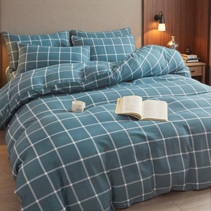 91家纺网 家纺一手货源 找家纺 友承家纺 2026最新款水洗棉无印风双层纱木棉四件套被套床单卧室床上用品学生宿舍被罩三件套床单枕套 米莱灰