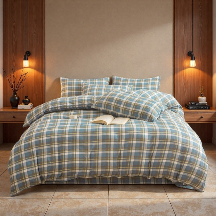 91家纺网 家纺一手货源 找家纺 友承家纺 2026最新款水洗棉无印风双层纱木棉四件套被套床单卧室床上用品学生宿舍被罩三件套床单枕套 无印蓝