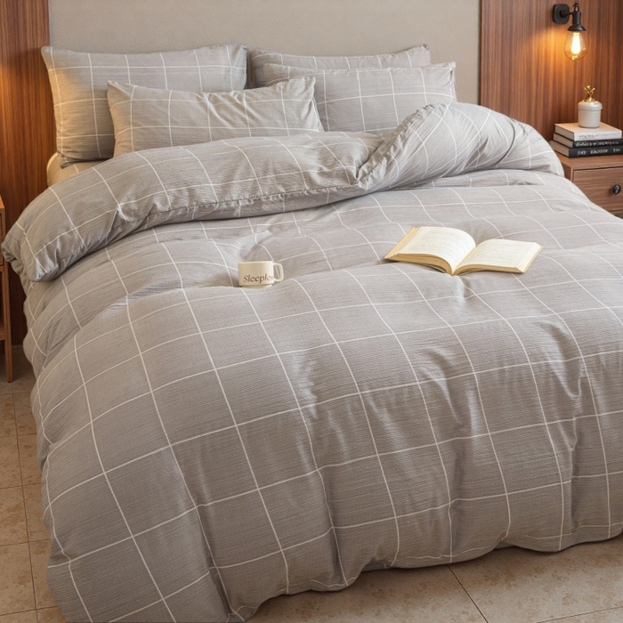 91家纺网 家纺一手货源 找家纺 友承家纺 2026最新款水洗棉无印风双层纱木棉四件套被套床单卧室床上用品学生宿舍被罩三件套床单枕套 混搭灰