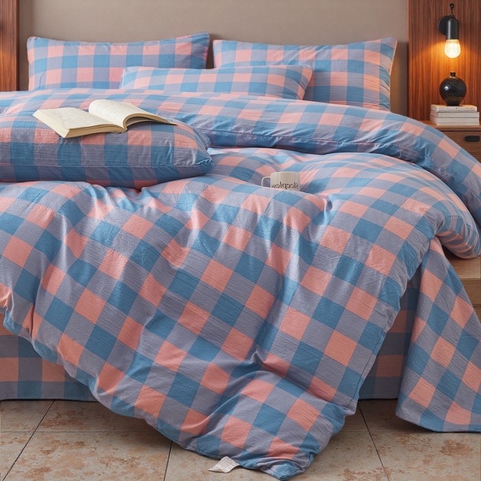 91家纺网 家纺一手货源 找家纺 友承家纺 2026最新款水洗棉无印风双层纱木棉四件套被套床单卧室床上用品学生宿舍被罩三件套床单枕套 蓝彩格