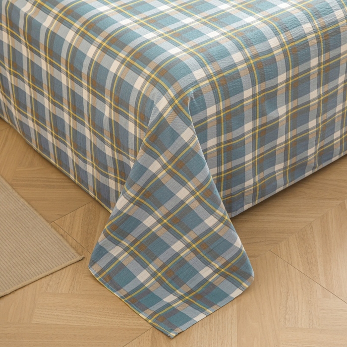 91家纺网 家纺一手货源 找家纺 友承家纺 2026最新款水洗棉无印风双层纱木棉四件套被套床单卧室床上用品学生宿舍被罩三件套床单枕套 无印蓝