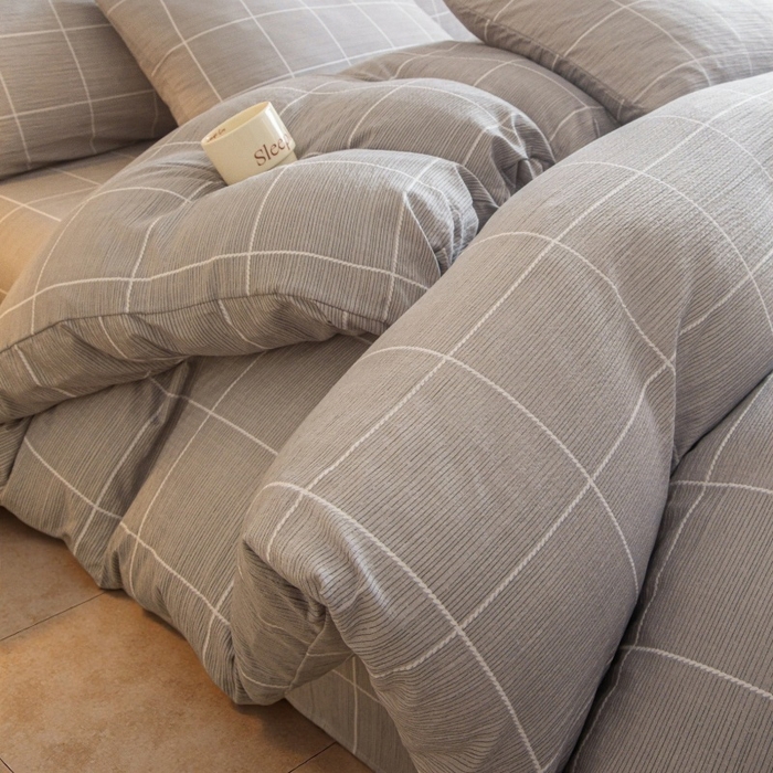 91家纺网 家纺一手货源 找家纺 友承家纺 2026最新款水洗棉无印风双层纱木棉四件套被套床单卧室床上用品学生宿舍被罩三件套床单枕套 混搭灰