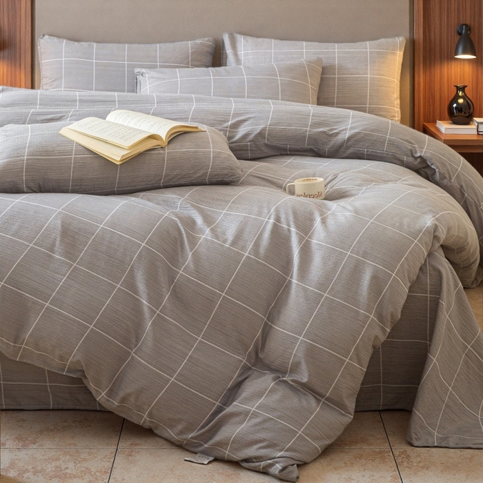 91家纺网 家纺一手货源 找家纺 友承家纺 2026最新款水洗棉无印风双层纱木棉四件套被套床单卧室床上用品学生宿舍被罩三件套床单枕套 混搭灰