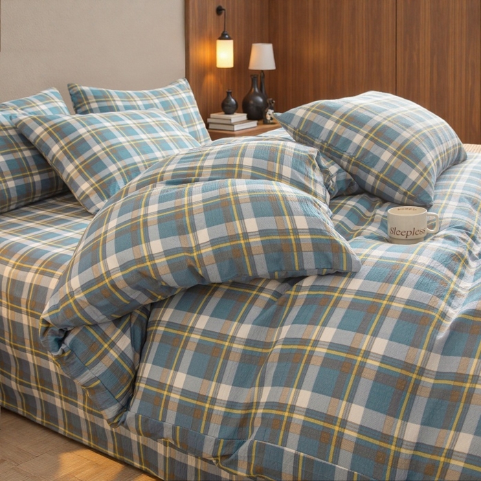 91家纺网 家纺一手货源 找家纺 友承家纺 2026最新款水洗棉无印风双层纱木棉四件套被套床单卧室床上用品学生宿舍被罩三件套床单枕套 无印蓝